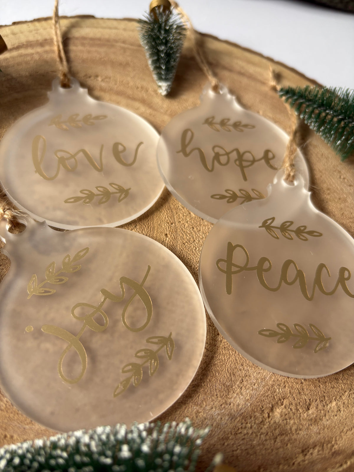 Set of 4 Frosted Christmas Baubles – Hope, Peace, Love, Joy