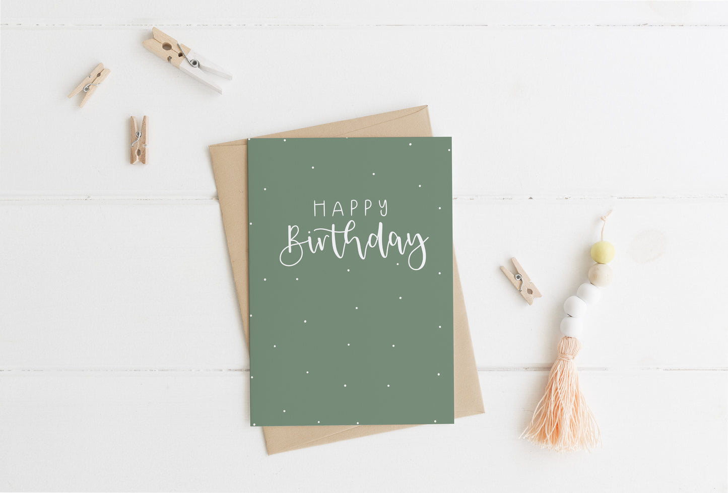 Happy Birthday polka dot Green A6 Greeting Card with Kraft brown envelope