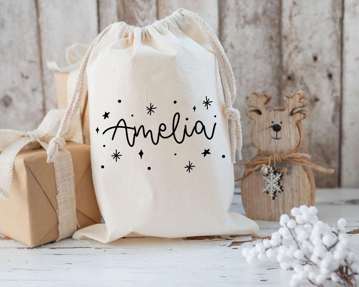 Personalised Christmas Sack – Hand Lettered Name with Starry Night Design