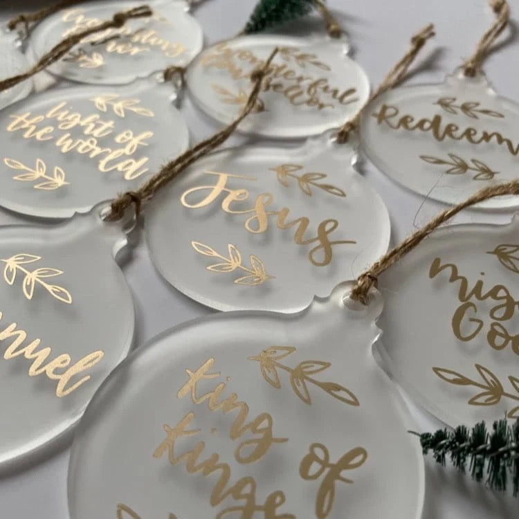 Set of 10 Acrylic Christmas Baubles – Hand Lettered Names of God with Twine