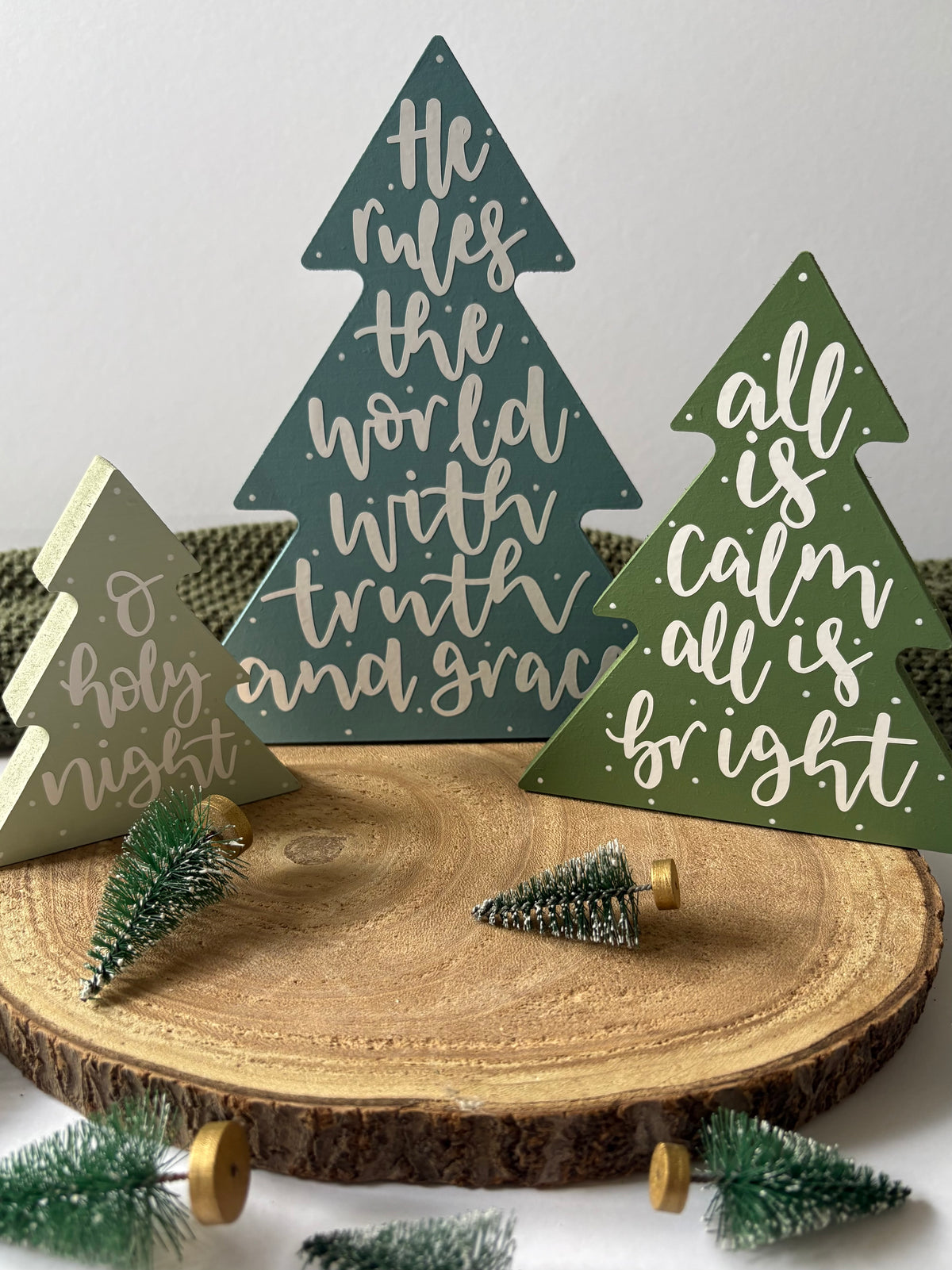 Freestanding Wooden Christmas Tree Single or Set of 3 – Hand Painted & Lettered with Carols