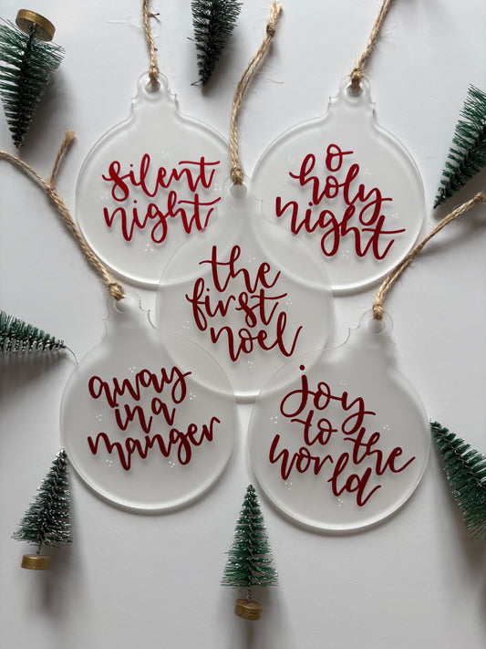 Set of 5 Christmas Carol Baubles – Frosted Acrylic