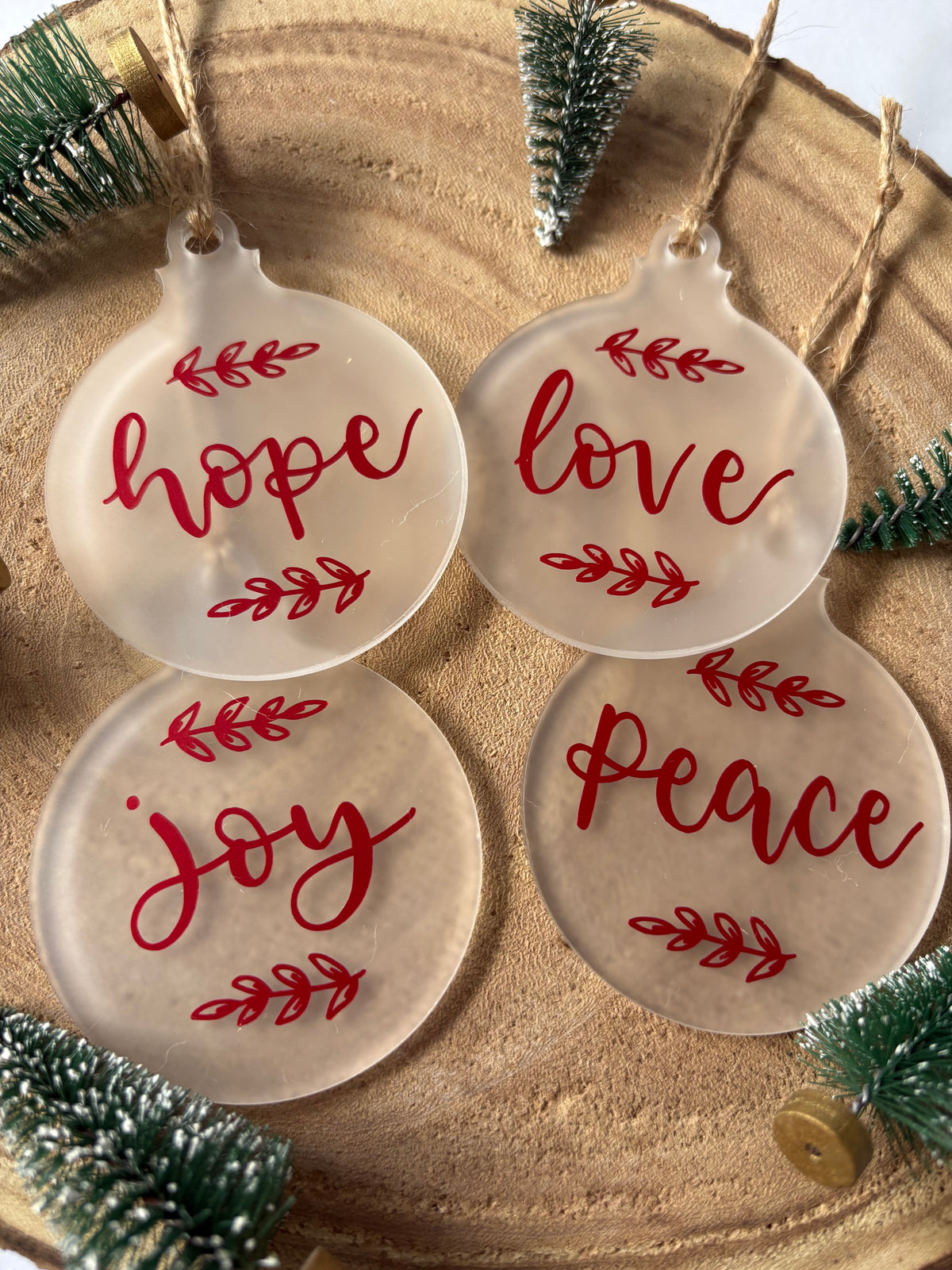 Set of 4 Frosted Christmas Baubles – Hope, Peace, Love, Joy