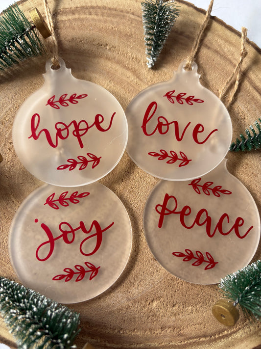 Set of 4 Frosted Christmas Baubles – Hope, Peace, Love, Joy