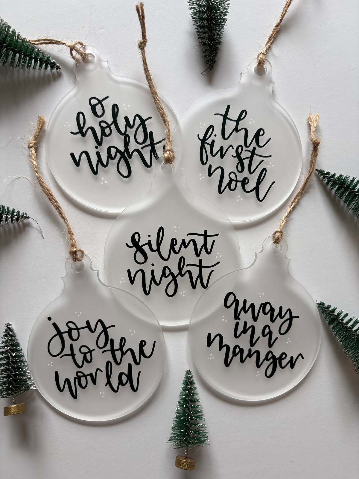 Set of 5 Christmas Carol Baubles – Frosted Acrylic