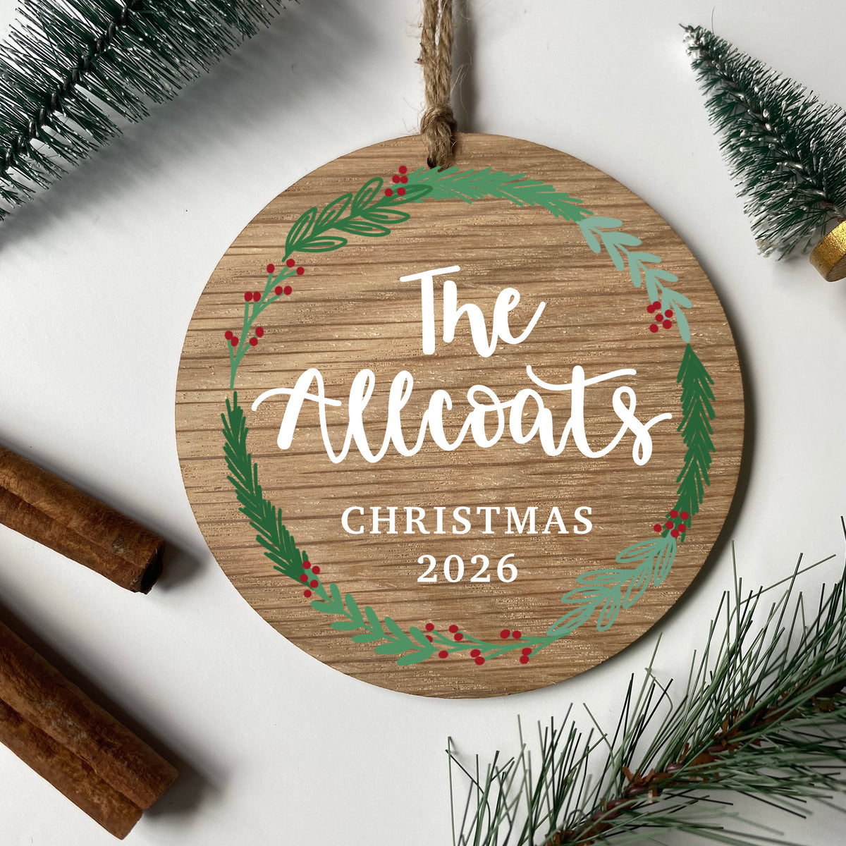 Personalised Oak Bauble – Family Surname Christmas 2026 Decoration