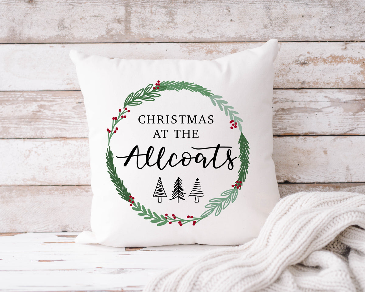 Personalised Christmas at the (Surname) Cushion – Hand Lettered Festive Wreath Design