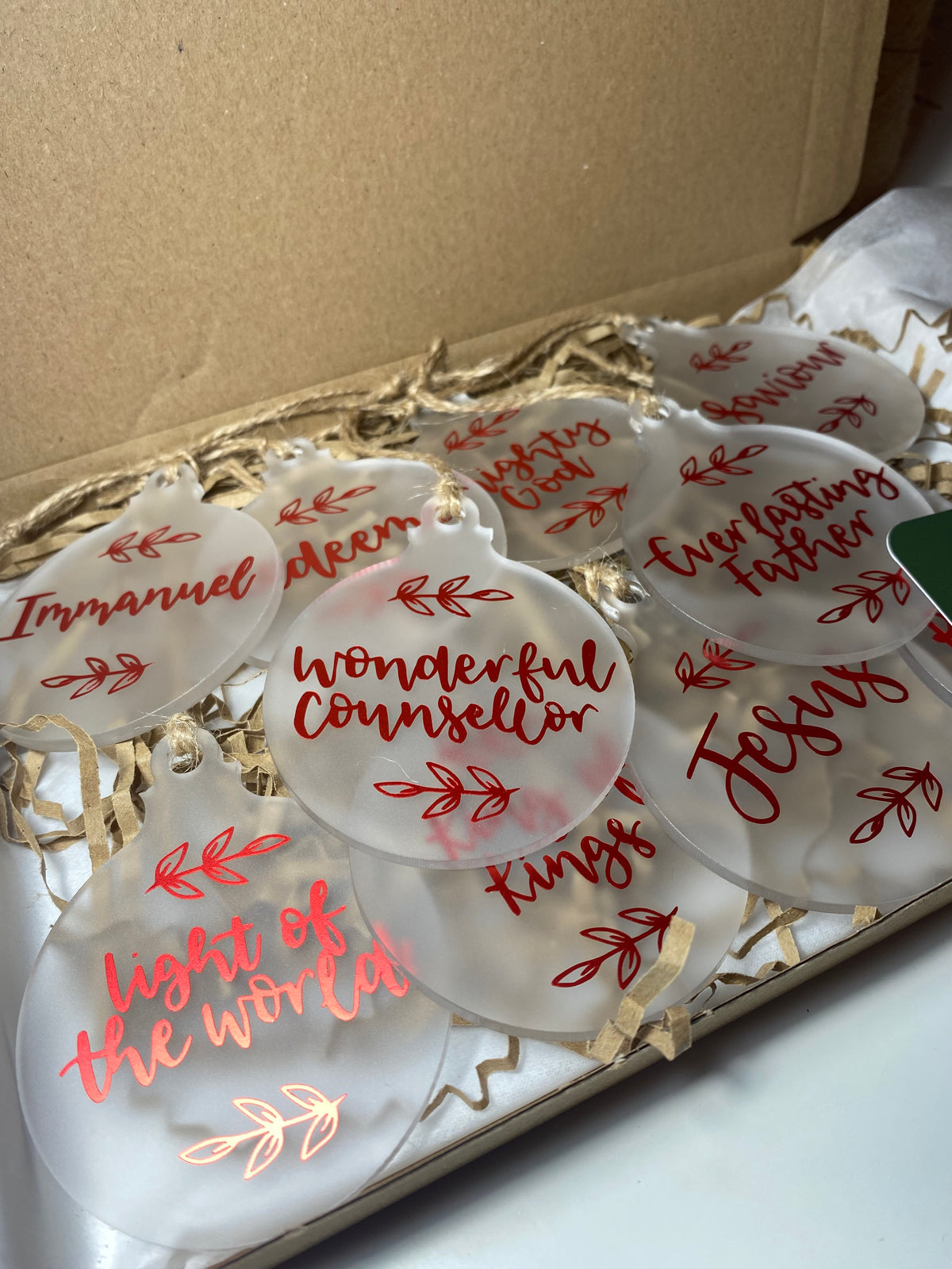 Set of 10 Acrylic Christmas Baubles – Hand Lettered Names of God with Twine