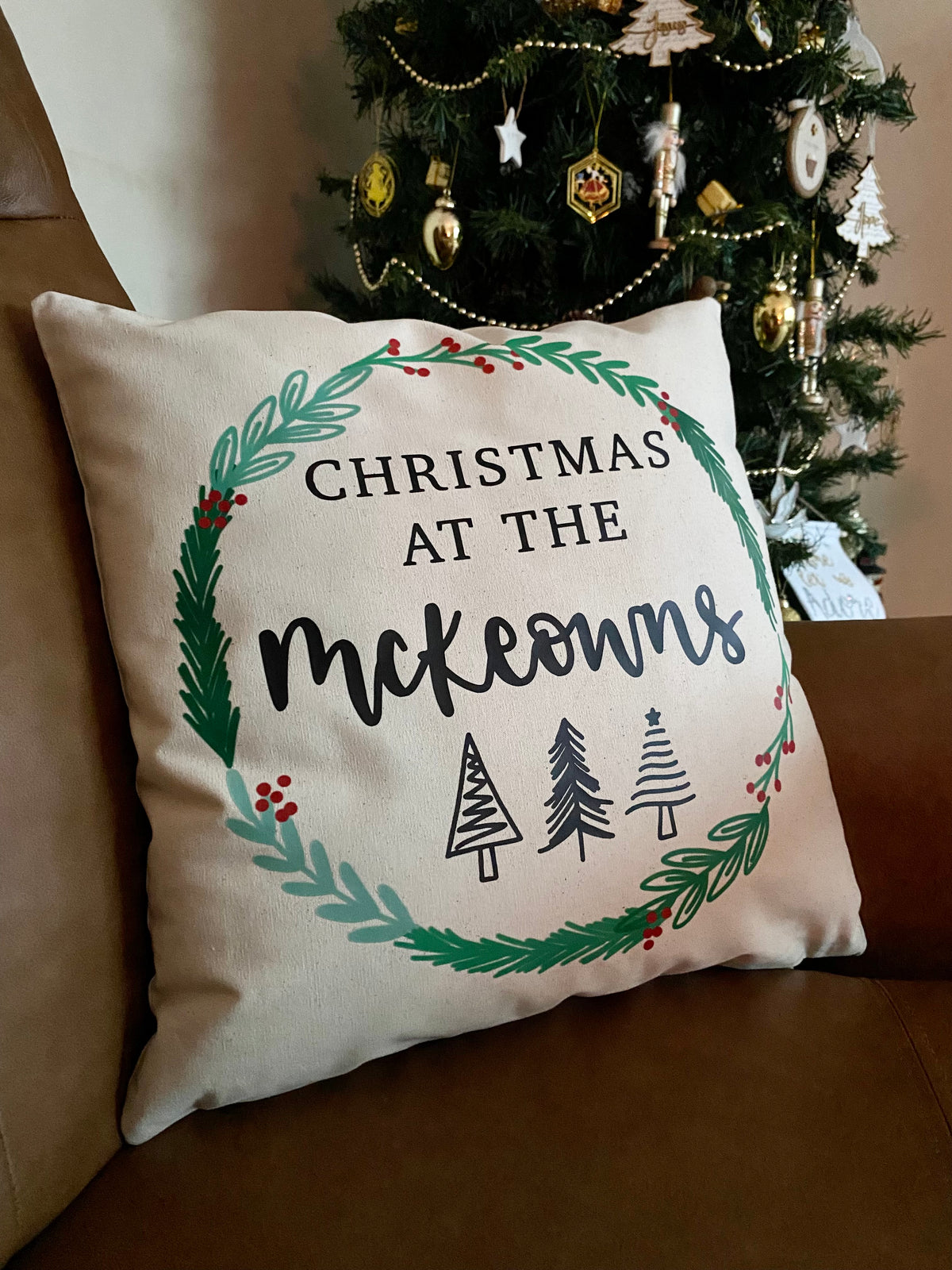 Personalised Christmas at the (Surname) Cushion – Hand Lettered Festive Wreath Design