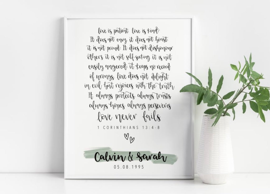 Love is Patient 1 Corinthians 13:4-8 Personalised Print