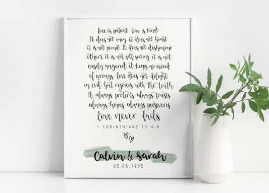 Love is Patient 1 Corinthians 13:4-8 Personalised Print