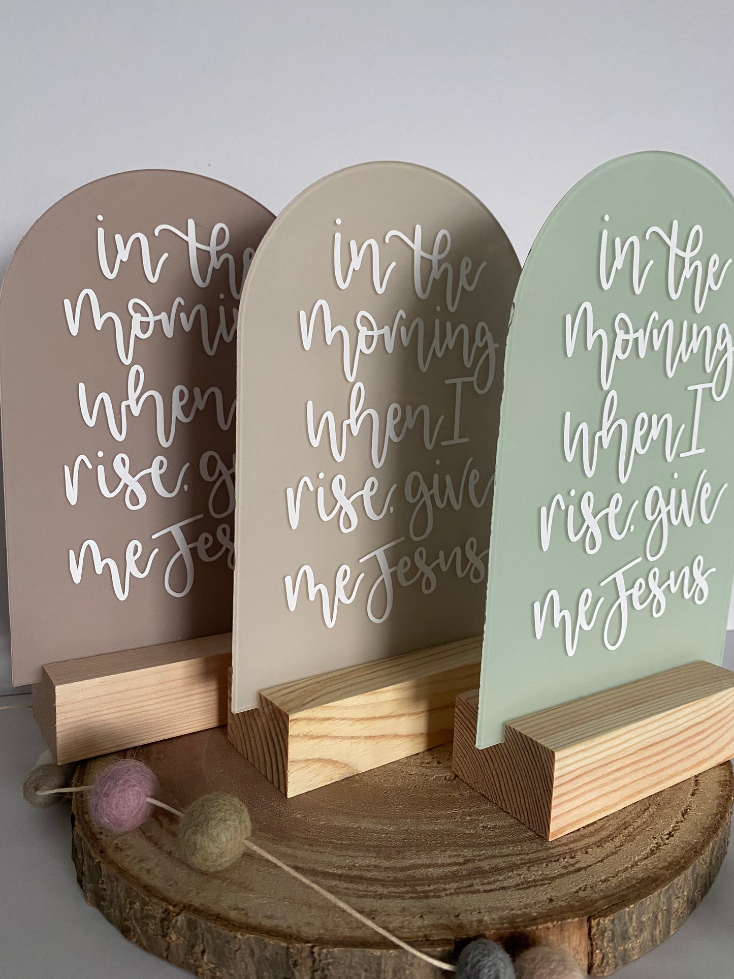 Frosted Acrylic Christian Plaque with Wooden Base – "In the Morning When I Rise Give Me Jesus"