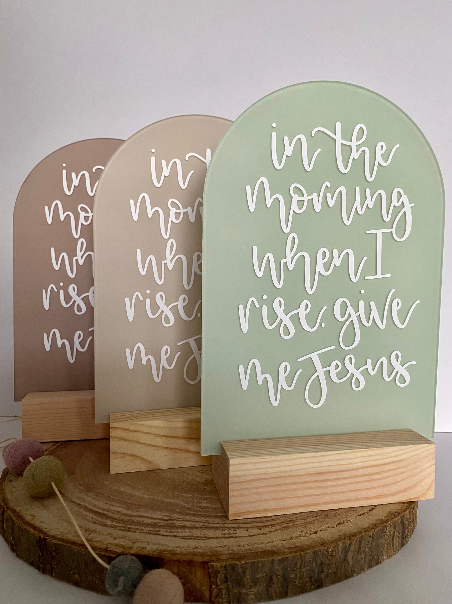 Frosted Acrylic Christian Plaque with Wooden Base – "In the Morning When I Rise Give Me Jesus"