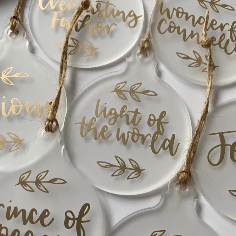 Set of 10 Acrylic Christmas Baubles – Hand Lettered Names of God with Twine
