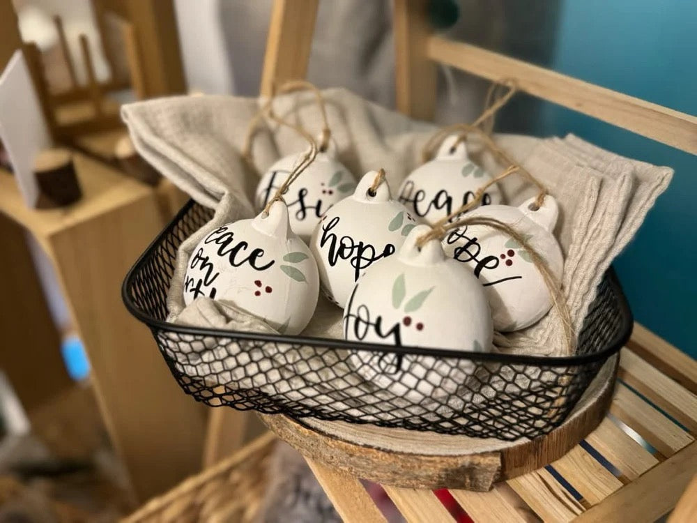 Hand Lettered Ceramic Baubles – Names of God & Christmas Carols