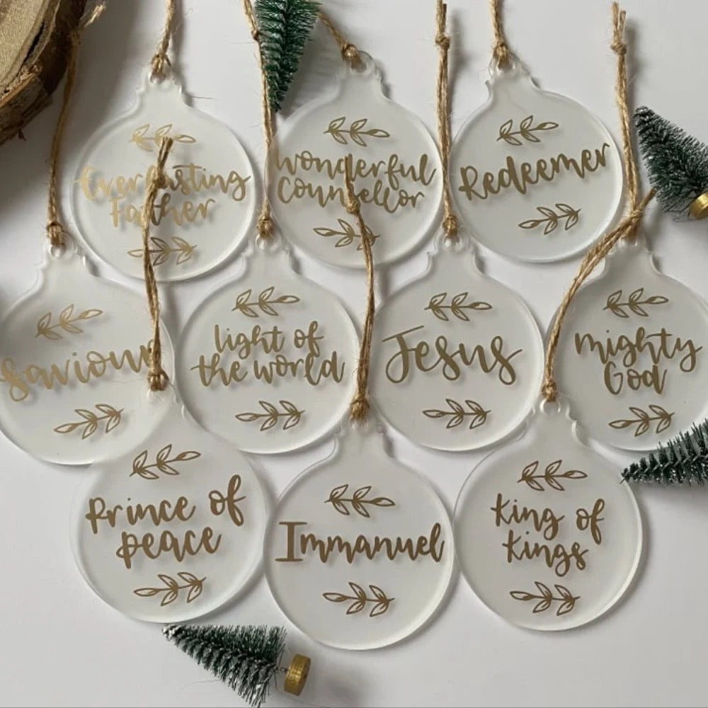 Set of 10 Acrylic Christmas Baubles – Hand Lettered Names of God with Twine